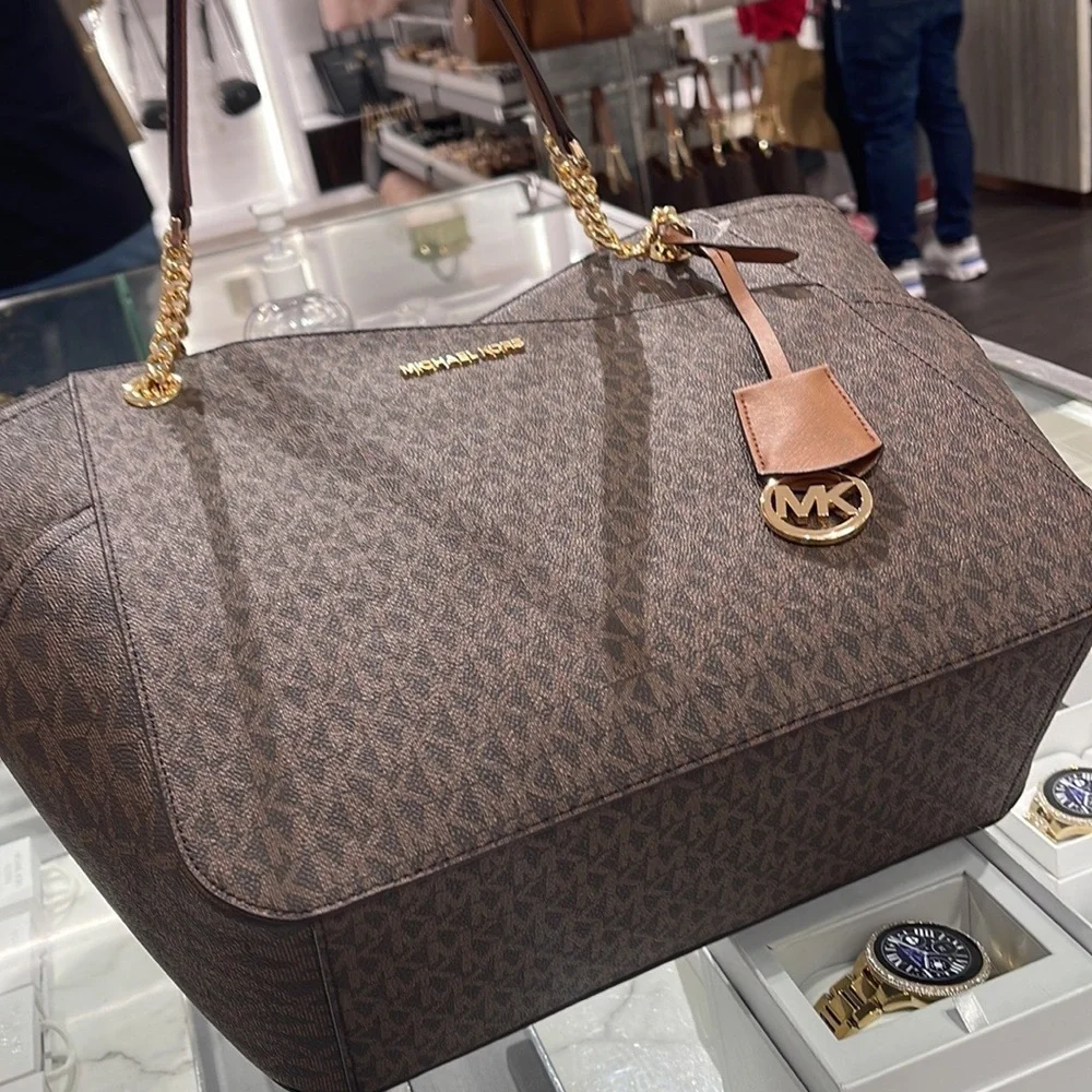Michael Kors Jet Set Travel Large Chained Tote Shoulder Bag MK Brown NWT